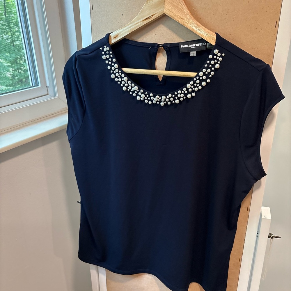 Karl Lagerfeld Paris Embellished Neck Blouse Top Size L Navy Blue